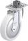 Rolka obrotowa z białą gumą, błyszczącą metalową obudową, płytką montażową. Odpowiednia do mebli lub lekkich urządzeń.