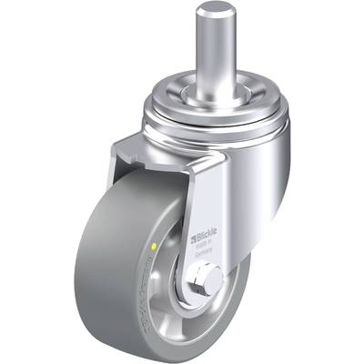 Metalowe koło z szarym bieżnikiem i widelcem transportowym, zaprojektowane do ciężkich ładunków. Nadruk wskazuje 'Blickle, made in Germany'.