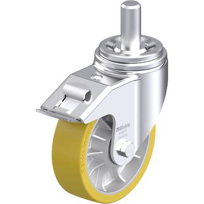 Metalowo-szara rolka kierunkowa z tworzywa sztucznego i metalu z hamulcem, o wzornictwie przemysłowym, oznaczona napisem 'Blickle made in Germany'.