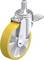 Metalowa rolka obrotowa z żółtym kołem i hamulcem, odpowiednia do ciężkich ładunków.