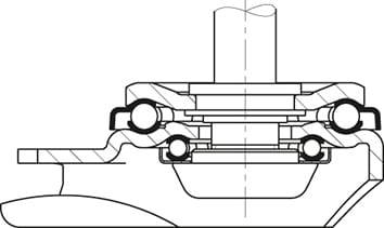 Przekrój mechanizmu łożyska kulkowego ukazuje części wewnętrzne i ich rozmieszczenie. Wyraźnie widoczne są kulki łożyskowe i uszczelnienia.