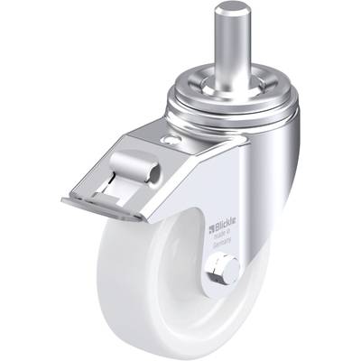 Mała metalowa rolka kierownicza z białym kołem i hamulcem. Na bocznej stronie obudowy napis 'Blickle made in Germany'.