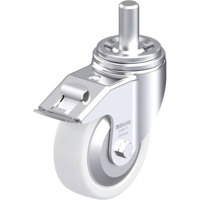 Metalowa rolka obrotowa z białym kołem, odpowiednia do mebli lub zastosowań przemysłowych. Oznaczenie: 'Blickle made in Germany'.