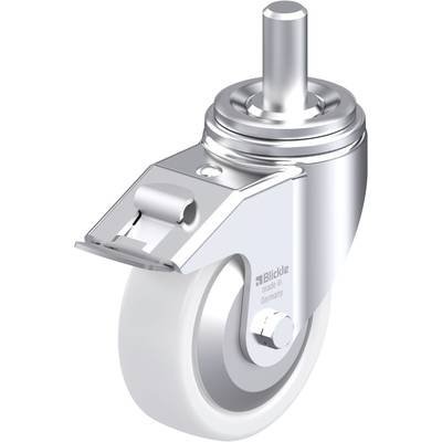 Metalowa rolka obrotowa z białym kołem i hamulcem, odpowiednia do mebli lub wózków, z logo 'Blickle - made in Germany' z boku.