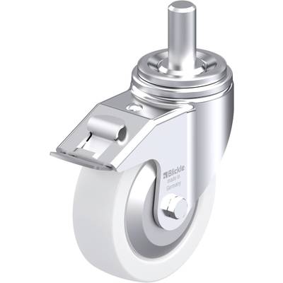 Obrotowa metalowa obudowa rolki z białym kołem. Rolka charakteryzuje się wysoką nośnością i nadaje się do stosowania w meblach lub urządzeniach.