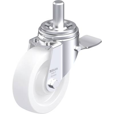 Metalowe kółko skrętne z białym kołem z tworzywa sztucznego, przeznaczone do zastosowań przemysłowych. Oznaczone logo 'Blickle made in Germany'.