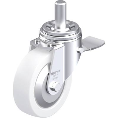 Metalowe kółko obrotowe z białą oponą i trzpieniem mocującym do mebli, produkowane w Niemczech.