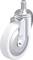 Pojedyncze, srebrne kółko obrotowe z srebrnym uchwytem i białą gumą. Odpowiednie do mebli lub urządzeń transportowych.