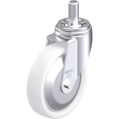 Jasne koło z metalowym zawiasem, odpowiednie do mebli lub wózków. Oznaczone 'Blickle, Made in Germany'.