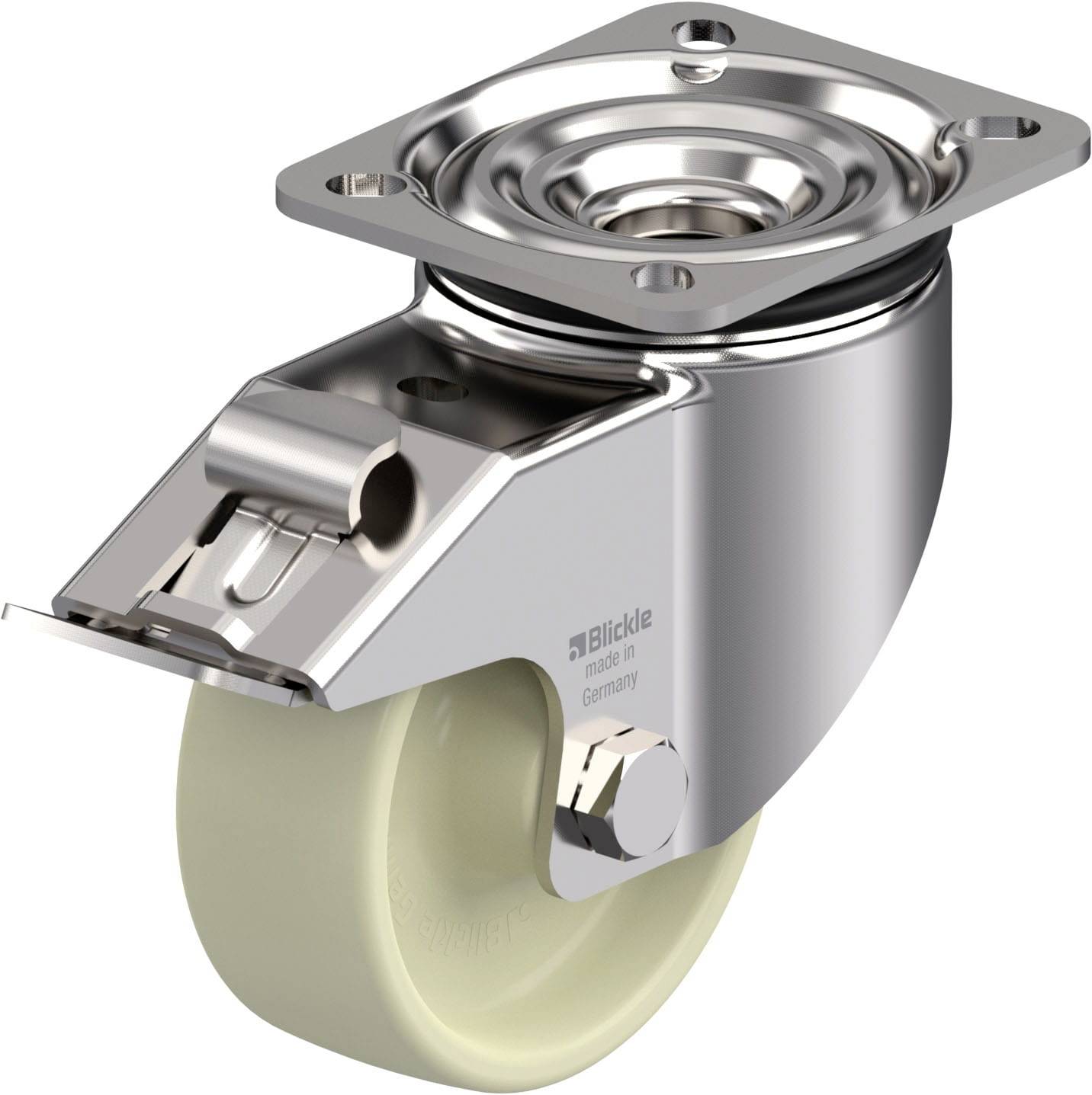 Metalowa rolka z białym kołem i płytką mocującą; odpowiednia do mebli lub wyposażenia przemysłowego.