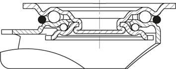 Rysunek techniczny przekroju łożyska kulkowego z dwoma rzędami kulek, uszczelnieniami i pierścieniem zewnętrznym. Przedstawia komponenty łożyska.