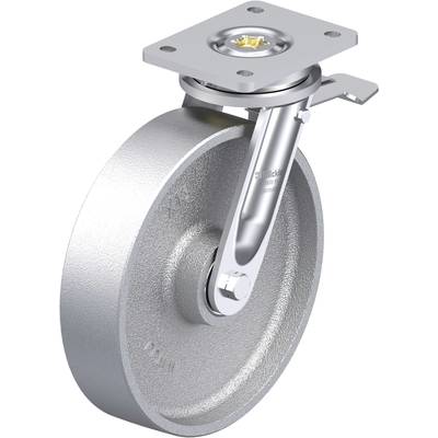 Metalowa przemysłowa rolka kierunkowa z płytką mocującą i obrotowym łożyskiem, przeznaczona do ciężkich obciążeń w zastosowaniach przemysłowych.