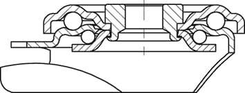 Przekrój uszczelnienia mechanicznego z wielowarstwową budową i łożyskami kulkowymi, przedstawiający układ i pozycję poszczególnych komponentów.