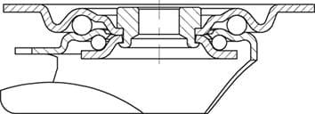 Przekrój poprzeczny łożyska kulkowego z wieloma pierścieniami i kulkami. Pokazuje jego wewnętrzną strukturę i rozmieszczenie elementów.