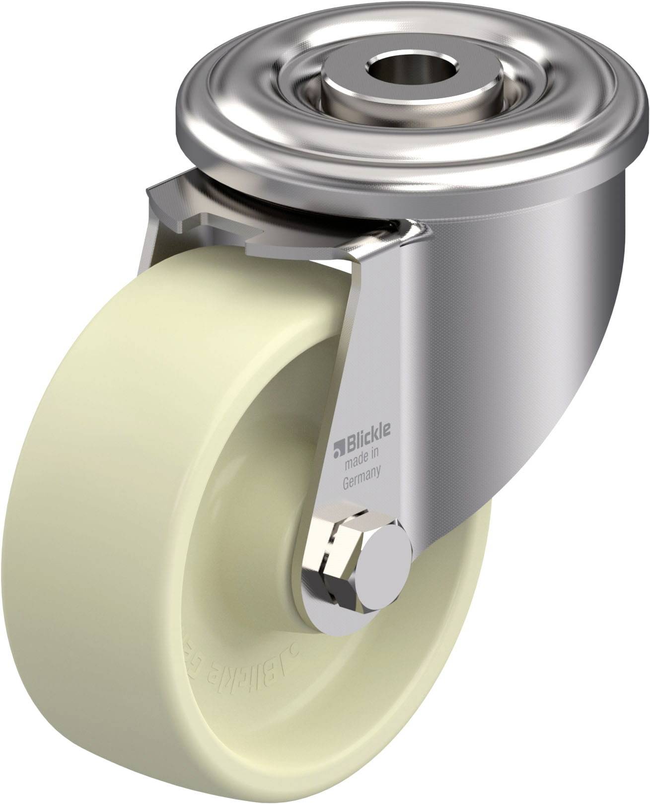 Rolka z kremowym kołem i srebrną metalową obudową, odpowiednia do mebli lub wózków transportowych. Napis 'Blickle made in Germany'.