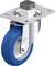 Niebieskie, obrotowe kółko podporowe wykonane z metalu i tworzywa sztucznego, wyposażone w kątownik mocujący do zamocowania na meblach lub urządzeniach.