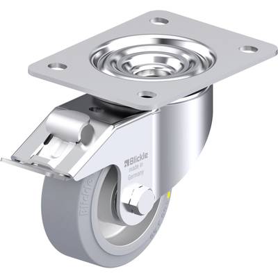 Metalowa rolka z szarym kółkiem gumowym i płytką mocującą. Na rolce widnieje napis 'Blickle made in Germany'.