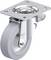 Przemysłowe kółko skrętne z metalową obudową i szarym kołem gumowym, nadające się do zastosowania w meblach lub wyposażeniu wewnętrznym.