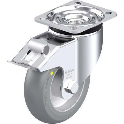 Metalowa rolka obrotowa z szarym kołem, przeznaczona do zastosowań przemysłowych. Wyposażona w łożysko kulkowe i płytę mocującą zapewniającą stabilny montaż.