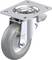 Obrotowe kółko z szarym gumowym bieżnikiem i metalowym mocowaniem, odpowiednie do mebli przemysłowych lub urządzeń.
