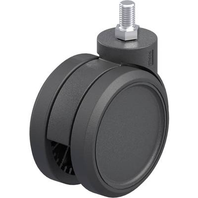 Czarne podwójne kółko z rolką gwintowaną. Odpowiednie do konstruowania mebli lub urządzeń.