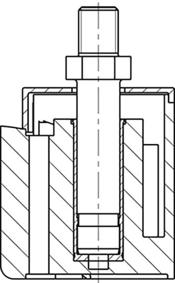 Przekrój łożyska technicznego ze śrubami, uszczelnieniami i wałami. Prezentuje wewnętrzną budowę i elementy połączeniowe.