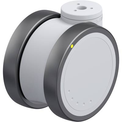 Szare, cylindryczne urządzenie z dwiema ciemnoszarymi tarczami po bokach i żółtą diodą LED. Prezentacja akcesorium technicznego.