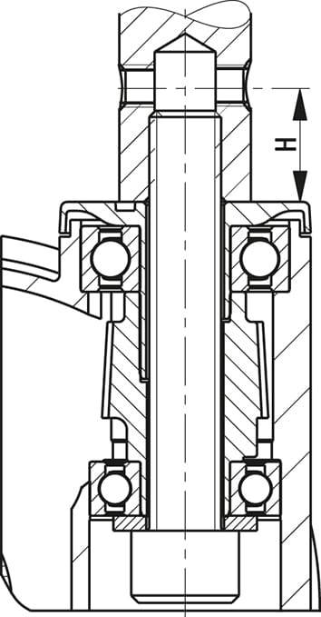 Rysunek techniczny systemu łożyskowego z wieloma łożyskami kulkowymi w uchwycie, w pionowym widoku przekroju.