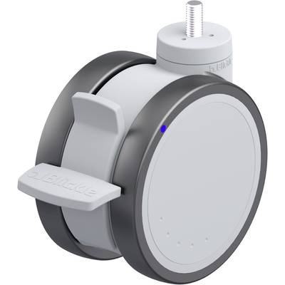 Szara rolka meblowa o okrągłym, gładkim designie z niebieskim wskaźnikiem LED. Gwint śrubowy u góry do montażu.