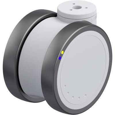 Szary cylindryczny czujnik z czarnymi krawędziami i niebiesko-żółtymi punktami, prawdopodobnie urządzenie elektroniczne.