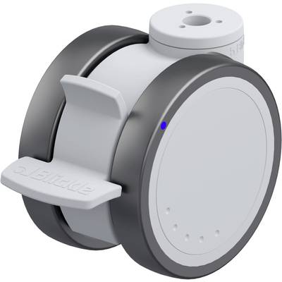Szare, okrągłe urządzenie z uchwytami i małą niebieską lampką. Wygląda na zaawansowane technologicznie i może być elementem większego systemu.