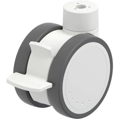 Biało-szary, okrągły czujnik rotacyjny z dwoma dużymi kołami bocznymi i uchwytem, prawdopodobnie będący częścią systemu robotycznego.
