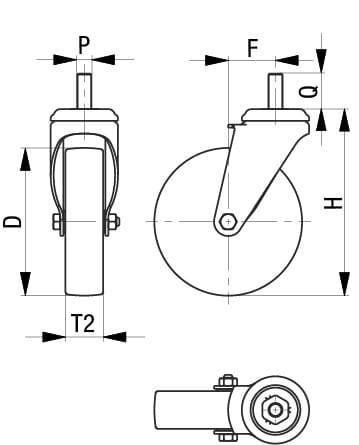 Rysunek techniczny kierunkowego kółka jezdnego z wymiarami: średnica (D), szerokość (T2), wysokość łożyska (H), szerokość sworznia (P), mocowanie (F).
