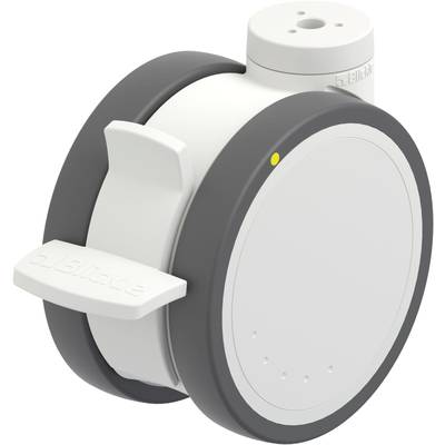 Biały, cylindryczny robot z szarymi kołami i żółtą kropką, który może być częścią urządzenia interaktywnego lub mobilnego.