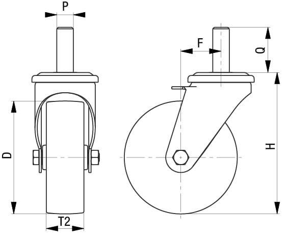 Rysunek techniczny obrotowego koła z wymiarami: P, D, T2, F, H oraz α. Przedstawia widok z przodu i z boku w celu specyfikacji.