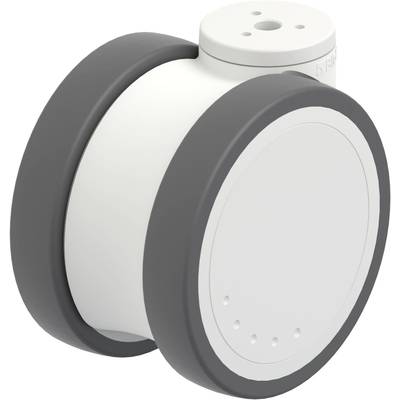 Białe, cylindryczne urządzenie z dwoma szarymi kołami, prawdopodobnie robot lub czujnik, na białym tle.