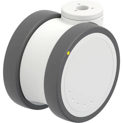 Kompaktowy, cylindryczny robot z dwoma dużymi kołami po bokach. Posiada prostą, nowoczesną stylistykę w kolorach szarym i białym.