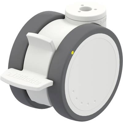 Białe obrotowe koło z tworzywa sztucznego z szarą gumową oponą, odpowiednie do mebli lub lekkich urządzeń. Projekt podkreśla stabilność i mobilność.