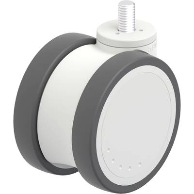 Biała rolka transportowa z szarymi obręczami i śrubą zamocowaną od góry. Opracowana do mebli lub ciężkich urządzeń.
