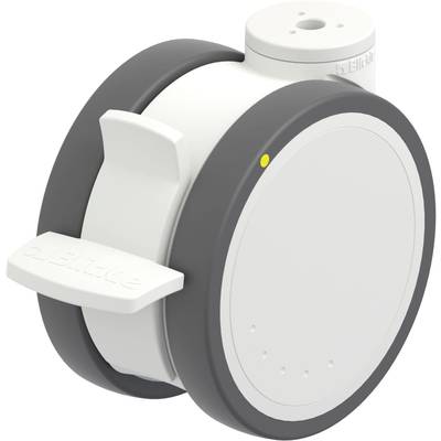 Okrągłe, białe urządzenie z szarymi bokami, żółtą plamką i dwoma dźwigniami. Prawdopodobnie urządzenie medyczne lub techniczne.