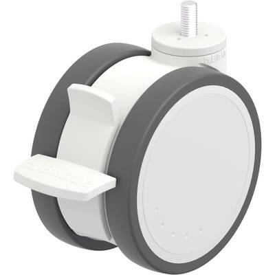 Biała rolka plastikowa z czarnym pierścieniem zewnętrznym i mechanizmem obrotowym. Odpowiednia do mebli lub urządzeń transportowych.