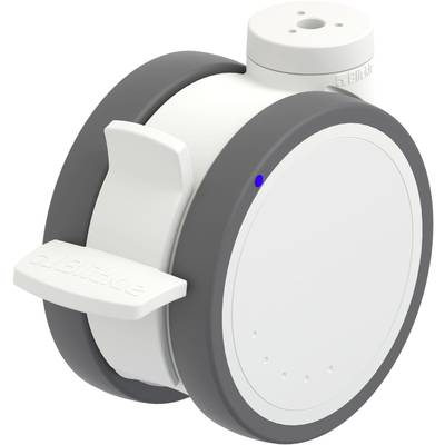 Biały, okrągły, elektryczny adapter z szarą obwódką i wskaźnikiem LED. Widoczny jest główny przełącznik oraz gniazdo do podłączenia kabla.