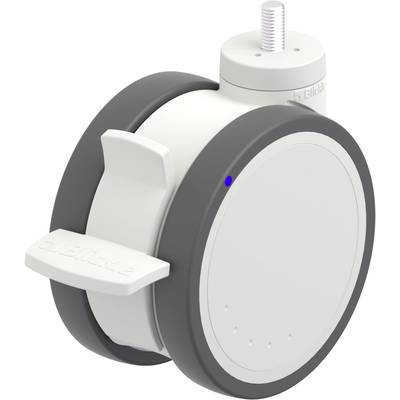 Pojedyncze koło do robota z obręczą z tworzywa sztucznego i gumową bieżnią, z srebrną osłoną piasty i widoczną śrubą mocującą.