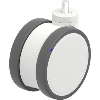 Szare i białe kółko transportowe z gwintem mocującym, odpowiednie do mebli lub urządzeń, prezentuje nowoczesny i minimalistyczny design.