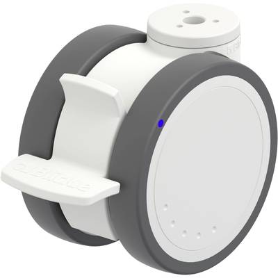 Okrągłe, biało-szare urządzenie na kółkach, prawdopodobnie kompaktowy, mobilny robot.