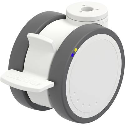 Biały, cylindryczny robot z dwoma dużymi, szarymi kołami. Na górze widoczne są małe kolorowe oznaczenia.
