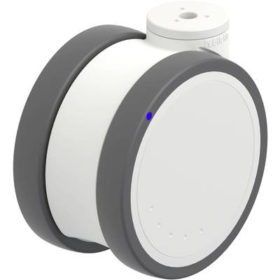 Białoszaro-szare, okrągłe urządzenie z niebieską lampką po jednej stronie. Może to być jakiś sprzęt techniczny lub elektroniczny.