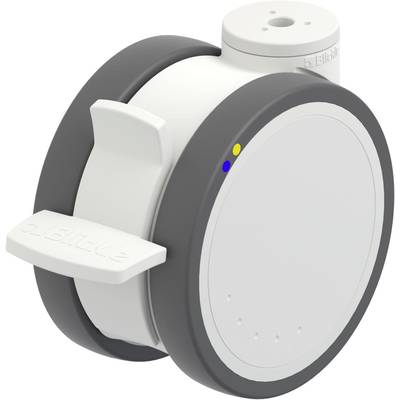 Szare i białe koło elektromotoryczne z niebieskimi i żółtymi wskaźnikami LED, prawdopodobnie przeznaczone do zastosowań w robotach lub maszynach.