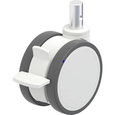 Białe i szare koło z metalowym elementem łączącym u góry. Idealne do mebli lub urządzeń elektronicznych wymagających kółek.