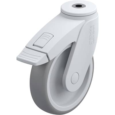 Szare kółko meblowe z hamulcem, odpowiednie do mebli lub urządzeń we wnętrzach. Ergonomiczny design, solidny i funkcjonalny element.